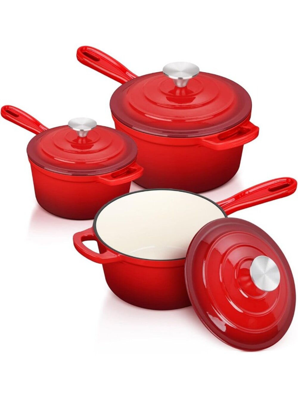 Enamel Cast Iron Cookware Set - 1Qt, 2Qt, 3Qt Saucepan & Dutch Oven, Red
